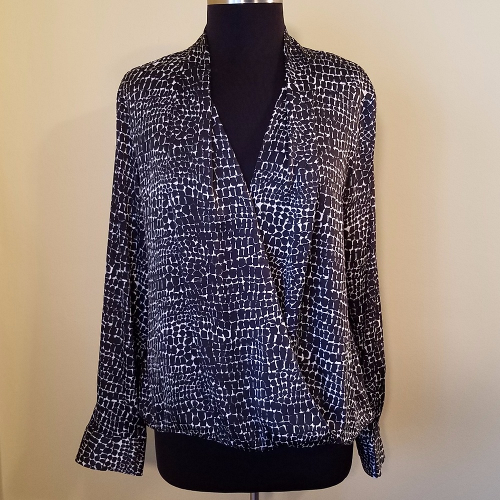 ♥Long Sleeve Silky Faux Wrap Blouse, Large